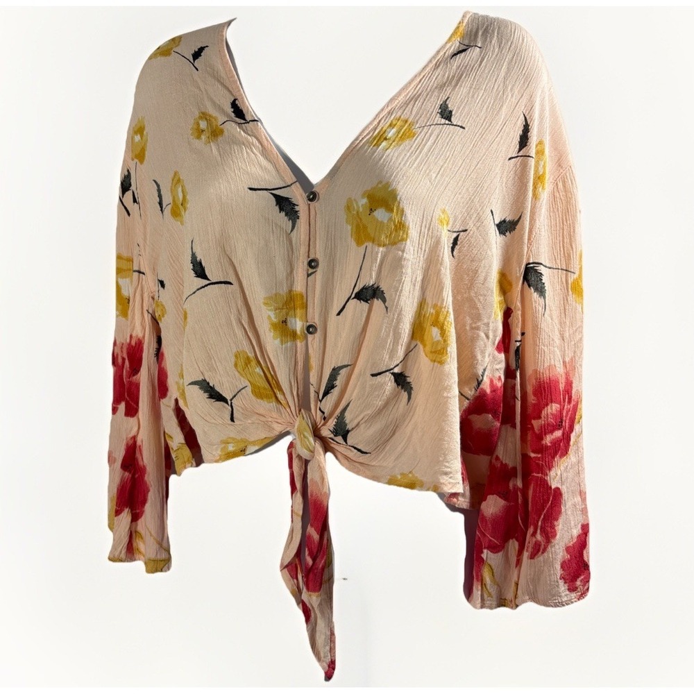 Billabong "Lust Wild" Cropped Tie-Front Peasant Blouse Sz XS Y2K